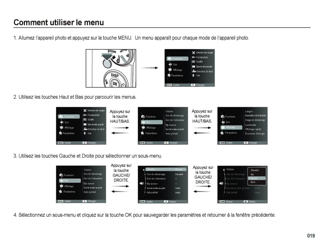 Samsung EC-PL50ZPBP/FR, EC-PL50ZABP/FR Comment utiliser le menu, Utilisez les touches Haut et Bas pour parcourir les menus 