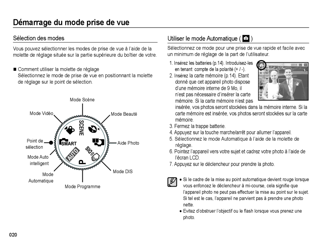 Samsung EC-PL50ZABP/FR, EC-PL50ZPBP/FR Démarrage du mode prise de vue, Sélection des modes, Utiliser le mode Automatique 