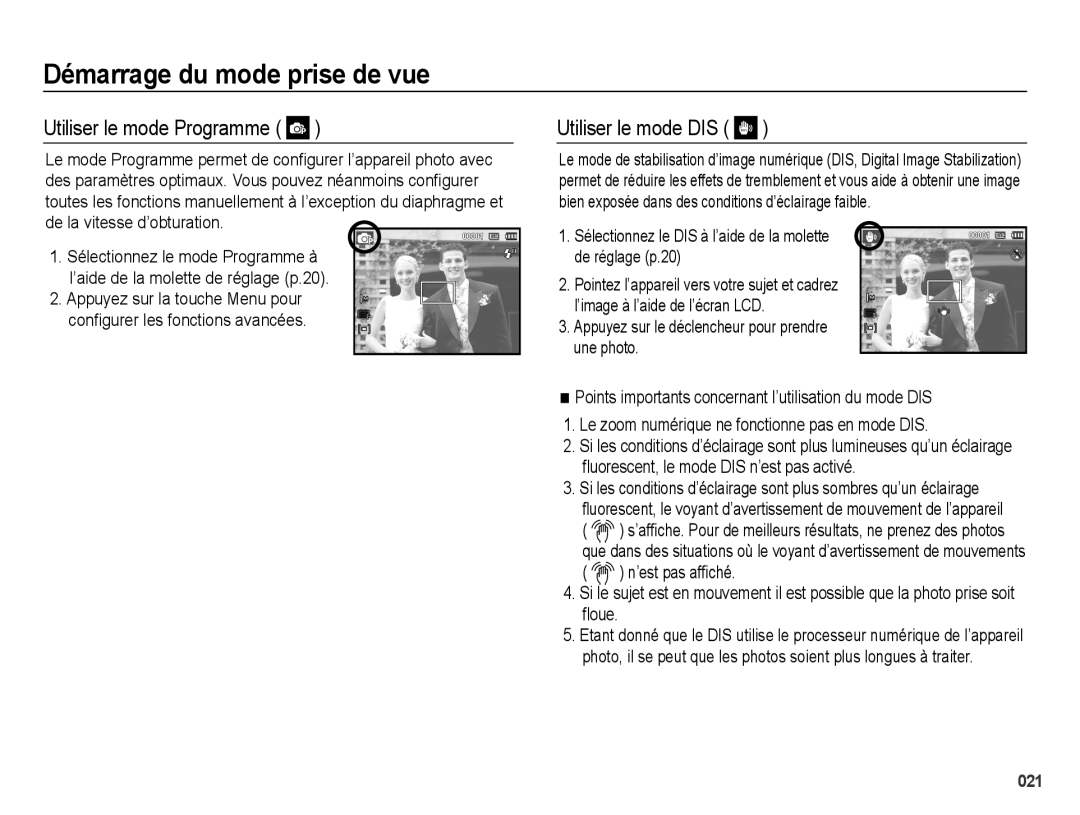 Samsung EC-PL50ZSBP/FR, EC-PL50ZPBP/FR, EC-PL50ZABP/FR, EC-PL50ZBBP/FR manual Utiliser le mode Programme, Utiliser le mode DIS 