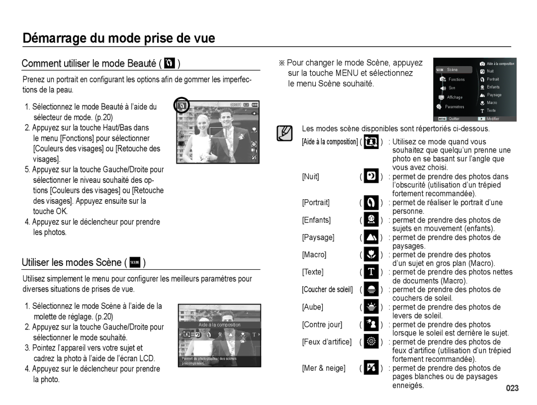 Samsung EC-PL50ZSBP/GB, EC-PL50ZPBP/FR, EC-PL50ZABP/FR manual Comment utiliser le mode Beauté, Utiliser les modes Scène 