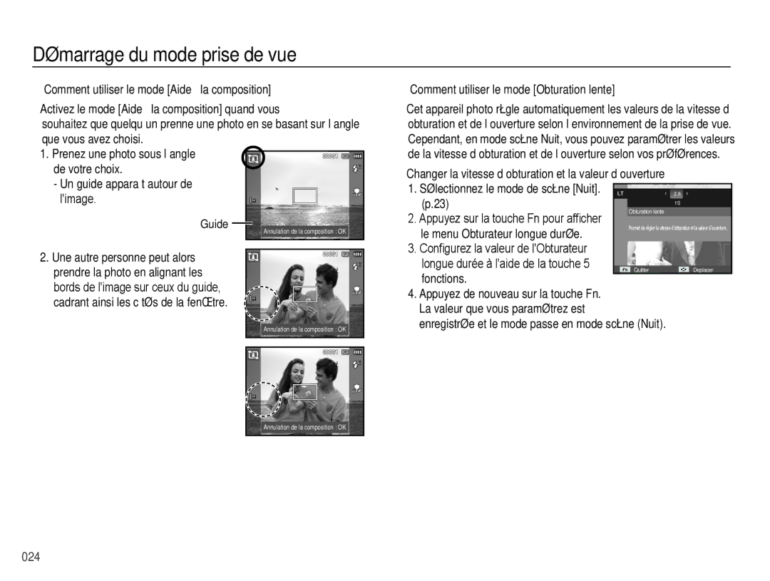 Samsung EC-PL50ZPBP/FR Comment utiliser le mode Obturation lente, Enregistrée et le mode passe en mode scène Nuit, Guide 