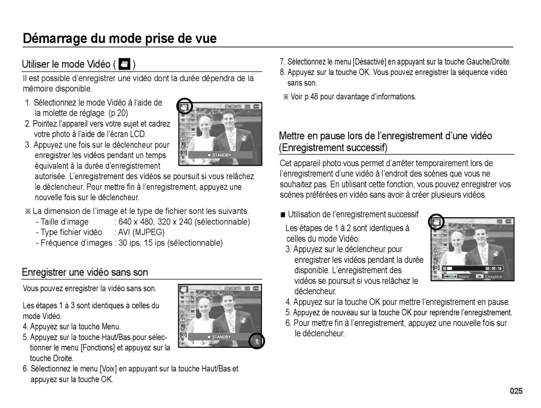 Samsung EC-PL50ZABP/FR, EC-PL50ZPBP/FR manual Utiliser le mode Vidéo, Enregistrer une vidéo sans son, Taille d’image 