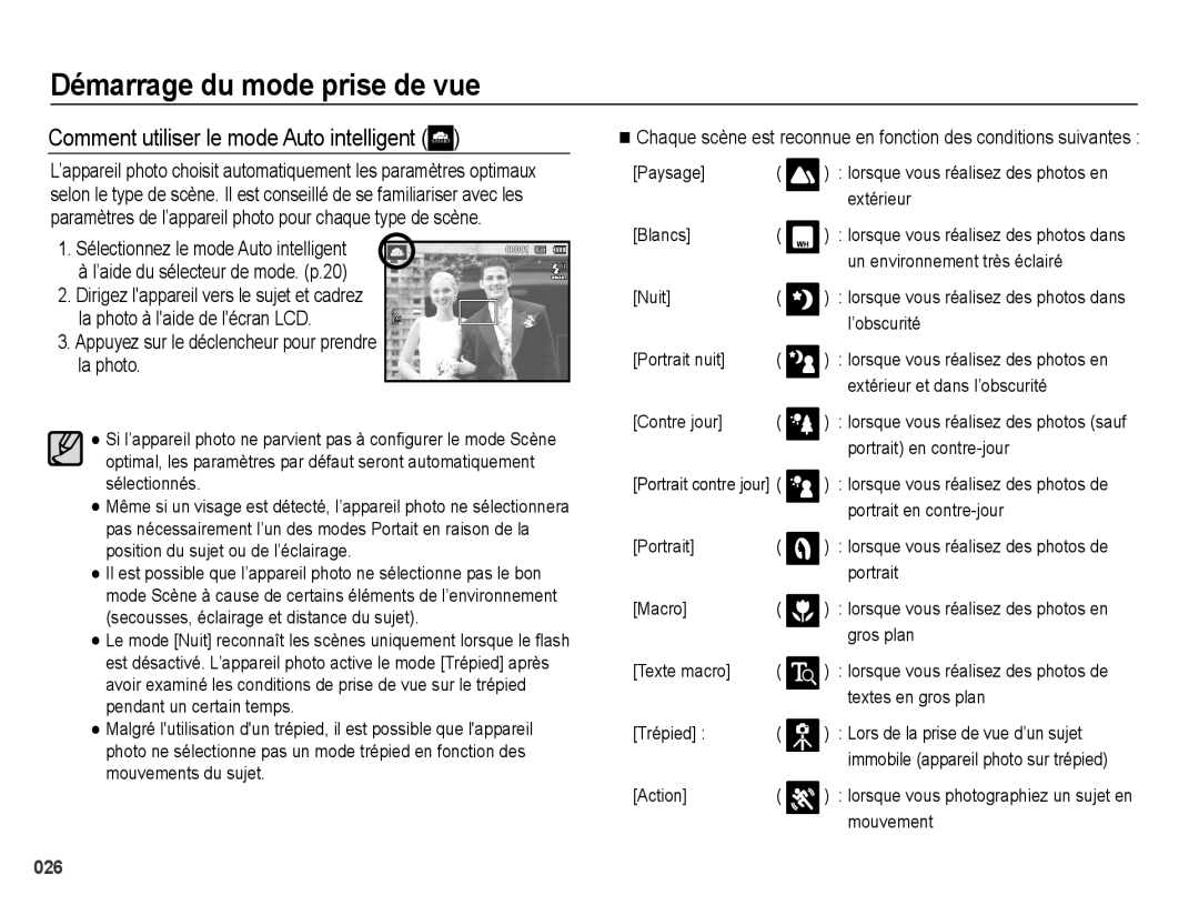 Samsung EC-PL50ZSBP/FR, EC-PL50ZPBP/FR, EC-PL50ZABP/FR, EC-PL50ZBBP/FR manual Comment utiliser le mode Auto intelligent 