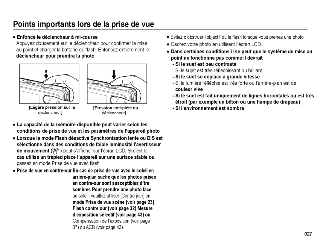 Samsung EC-PL50ZBBP/FR, EC-PL50ZPBP/FR manual Points importants lors de la prise de vue, Enfoncez le déclencheur à mi-course 