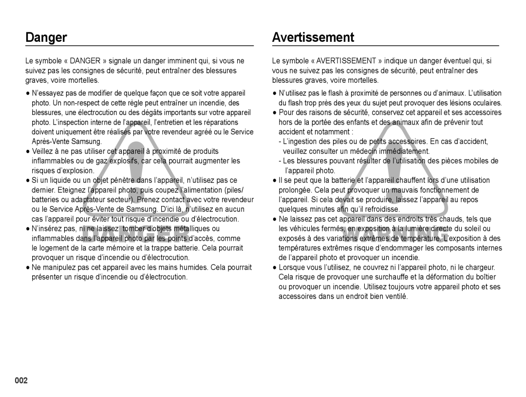 Samsung EC-PL50ZBBP/FR, EC-PL50ZPBP/FR, EC-PL50ZABP/FR, EC-PL50ZSBP/FR, EC-PL50ZSBP/GB manual Avertissement 