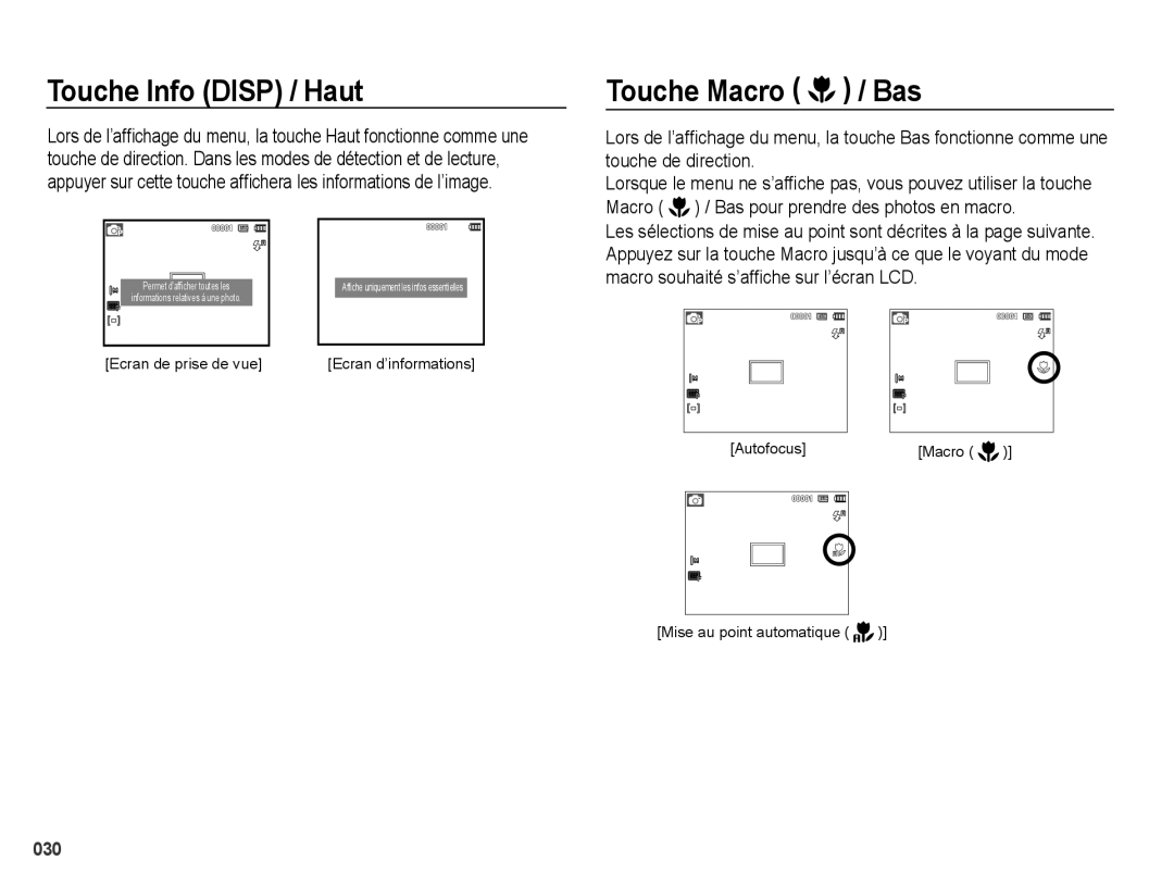 Samsung EC-PL50ZABP/FR, EC-PL50ZPBP/FR, EC-PL50ZSBP/FR, EC-PL50ZBBP/FR manual Touche Info Disp / Haut, Touche Macro / Bas 