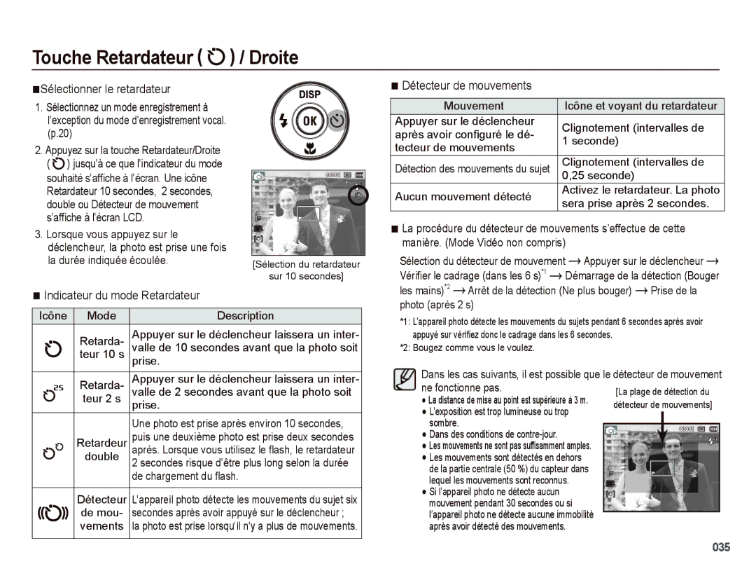 Samsung EC-PL50ZABP/FR manual Sélectionner le retardateur, Indicateur du mode Retardateur, Détecteur de mouvements 