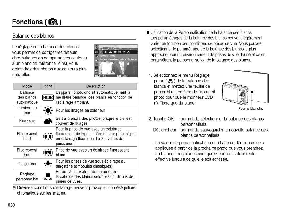 Samsung EC-PL50ZSBP/GB, EC-PL50ZPBP/FR Balance des blancs, Utilisation de la Personnalisation de la balance des blancs 