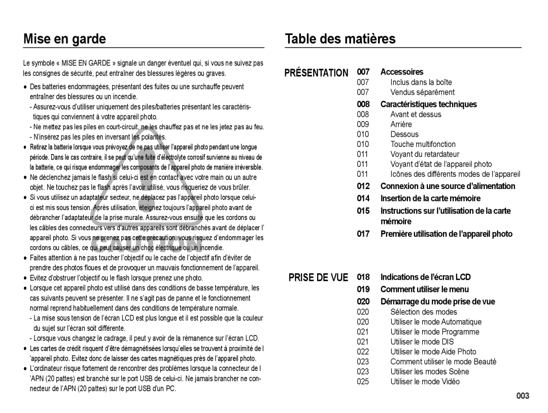 Samsung EC-PL50ZSBP/GB manual Mise en garde, Table des matières, ’insérez pas les piles en inversant les polarités 