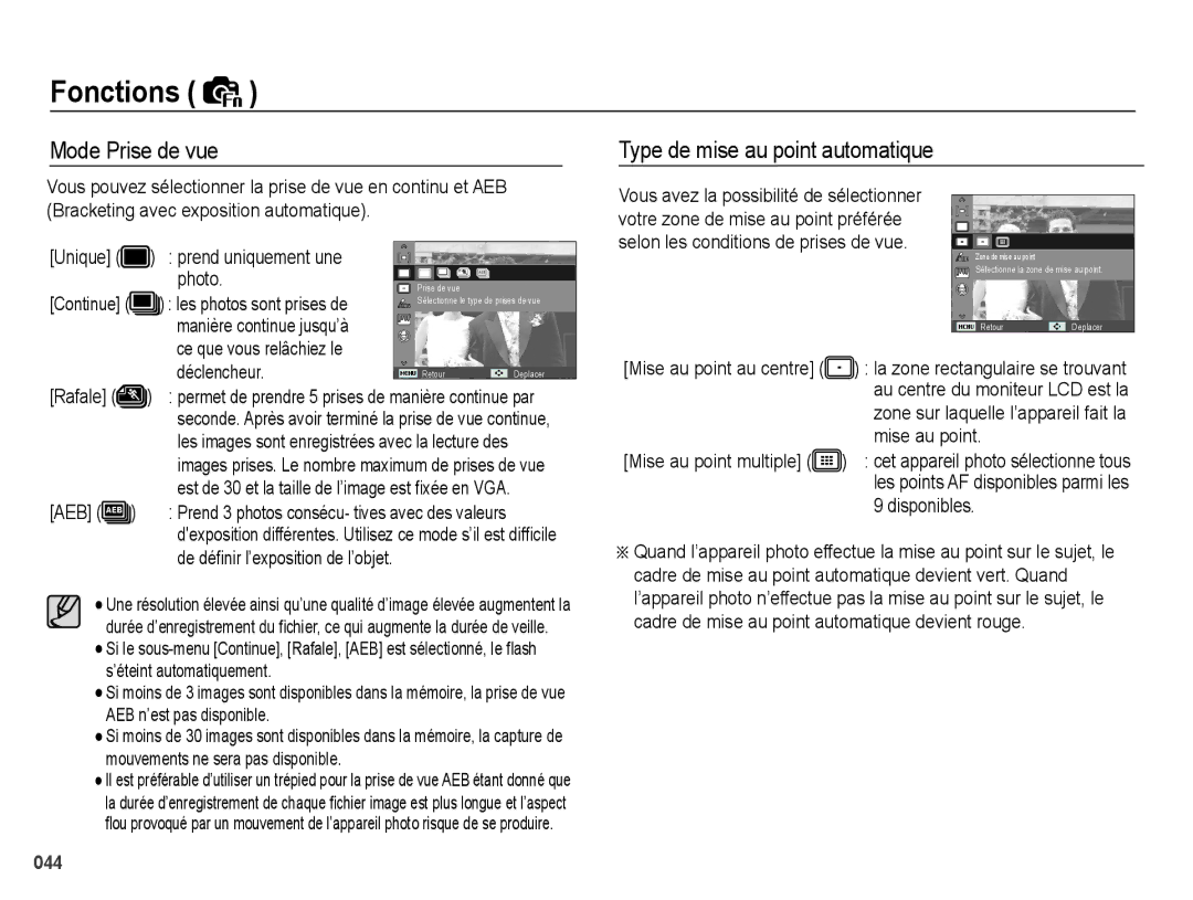 Samsung EC-PL50ZPBP/FR manual Mode Prise de vue, Type de mise au point automatique, Aeb, De déﬁnir l’exposition de l’objet 