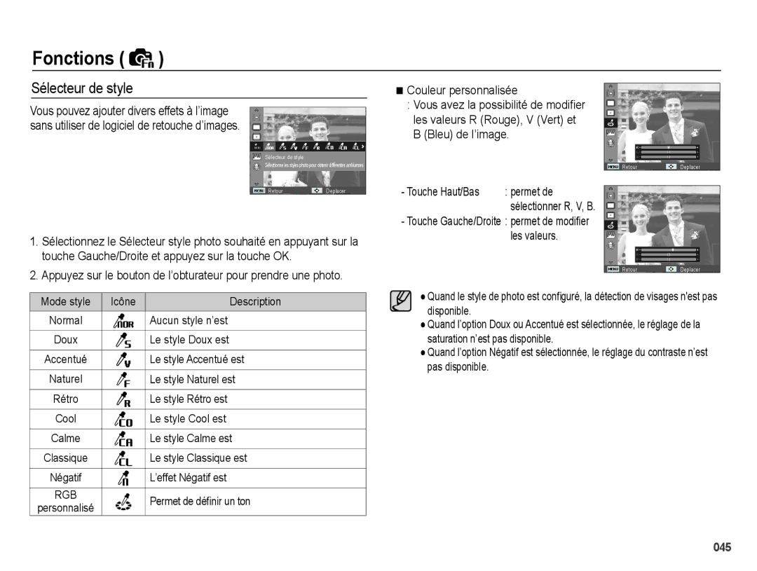 Samsung EC-PL50ZABP/FR, EC-PL50ZPBP/FR, EC-PL50ZSBP/FR, EC-PL50ZBBP/FR, EC-PL50ZSBP/GB manual Sélecteur de style, Permet de 