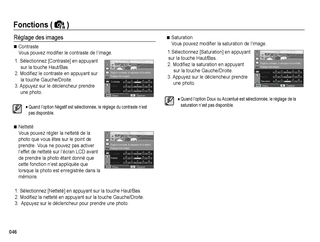 Samsung EC-PL50ZSBP/FR, EC-PL50ZPBP/FR, EC-PL50ZABP/FR, EC-PL50ZBBP/FR Réglage des images, Sur la touche Haut/Bas, Netteté 