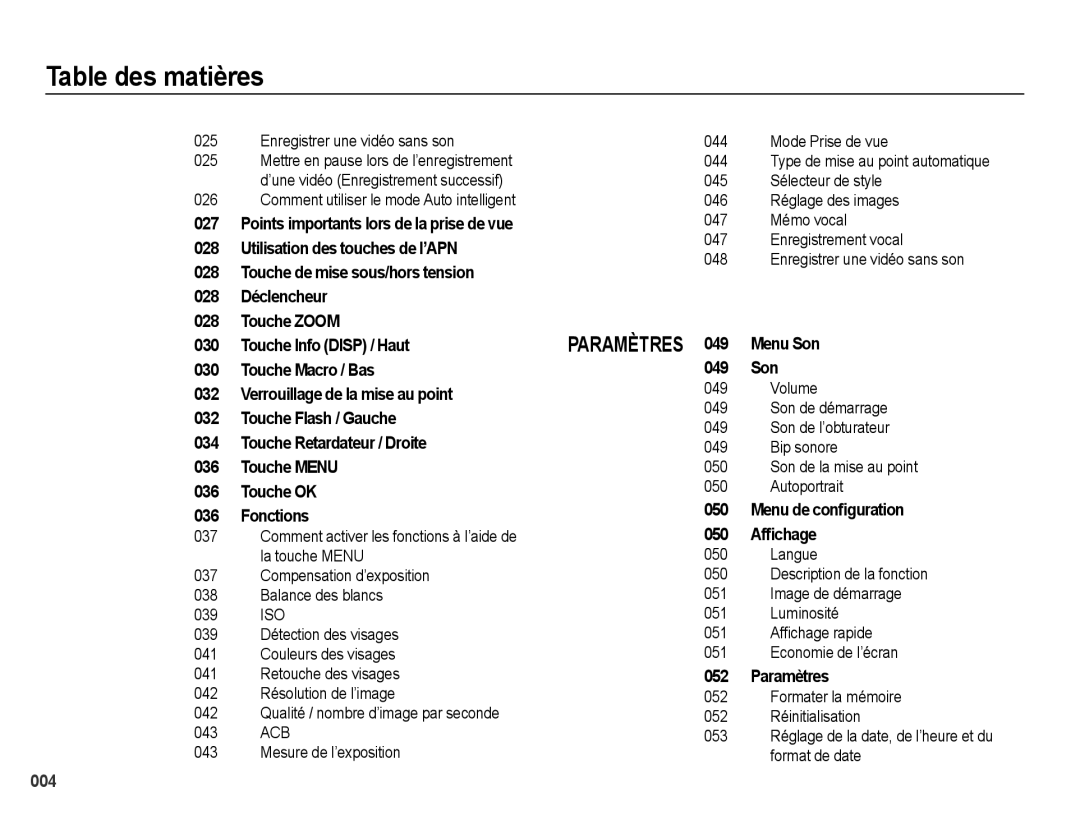 Samsung EC-PL50ZPBP/FR 047 Mémo vocal, Enregistrement vocal 048, Volume, Son de démarrage Son de l’obturateur, Bip sonore 