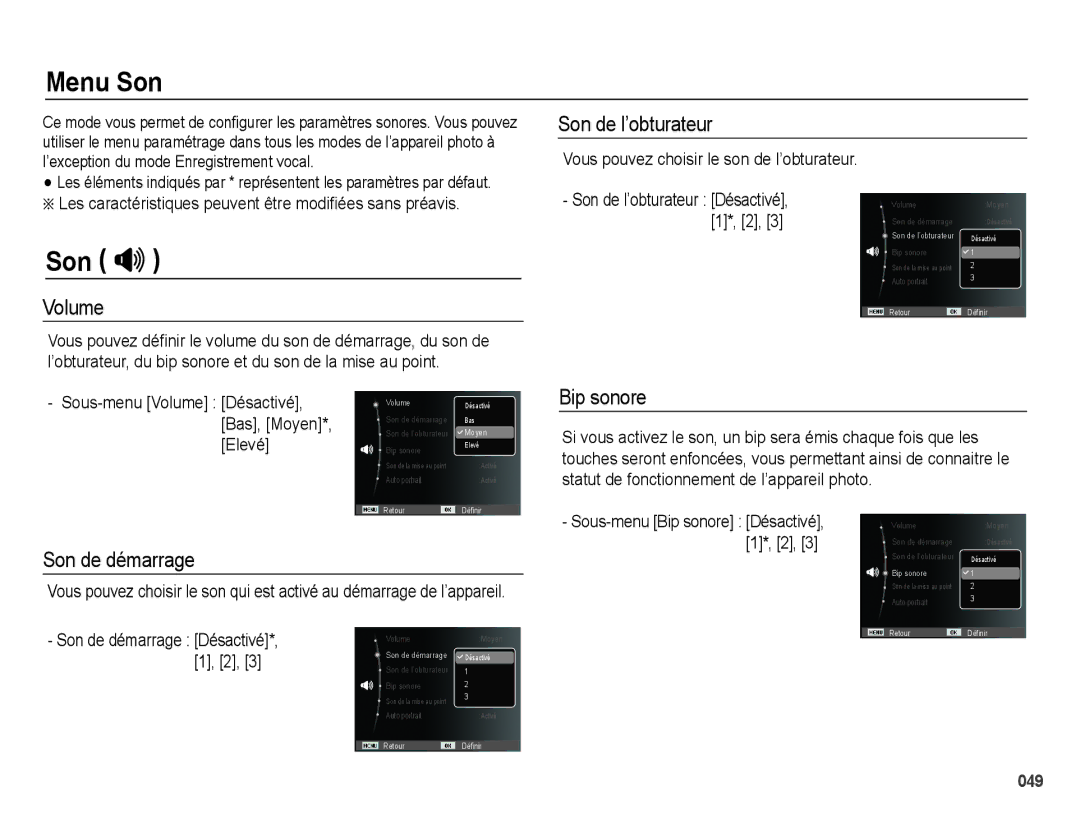 Samsung EC-PL50ZPBP/FR, EC-PL50ZABP/FR, EC-PL50ZSBP/FR, EC-PL50ZBBP/FR, EC-PL50ZSBP/GB manual Menu Son, Son  