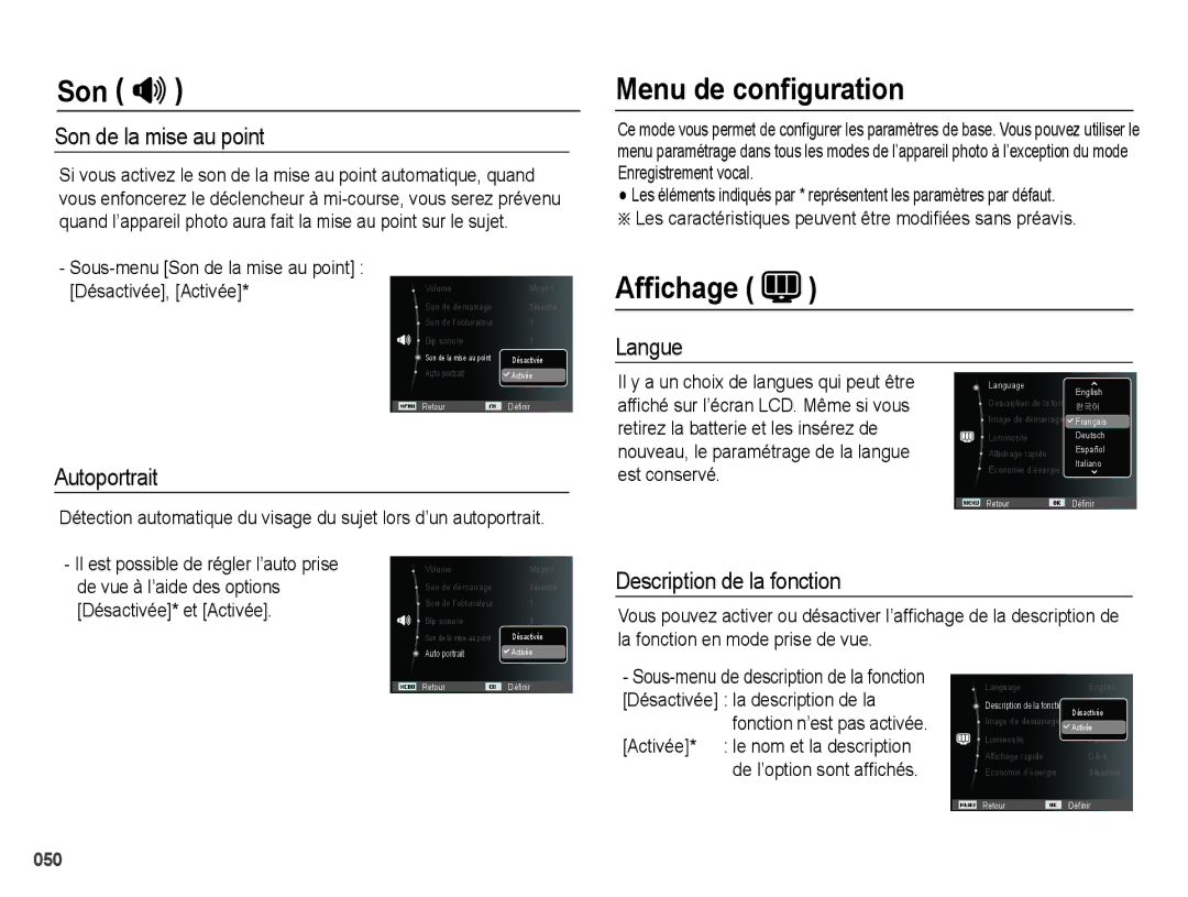 Samsung EC-PL50ZABP/FR, EC-PL50ZPBP/FR, EC-PL50ZSBP/FR, EC-PL50ZBBP/FR, EC-PL50ZSBP/GB manual Menu de conﬁguration, Afﬁchage 