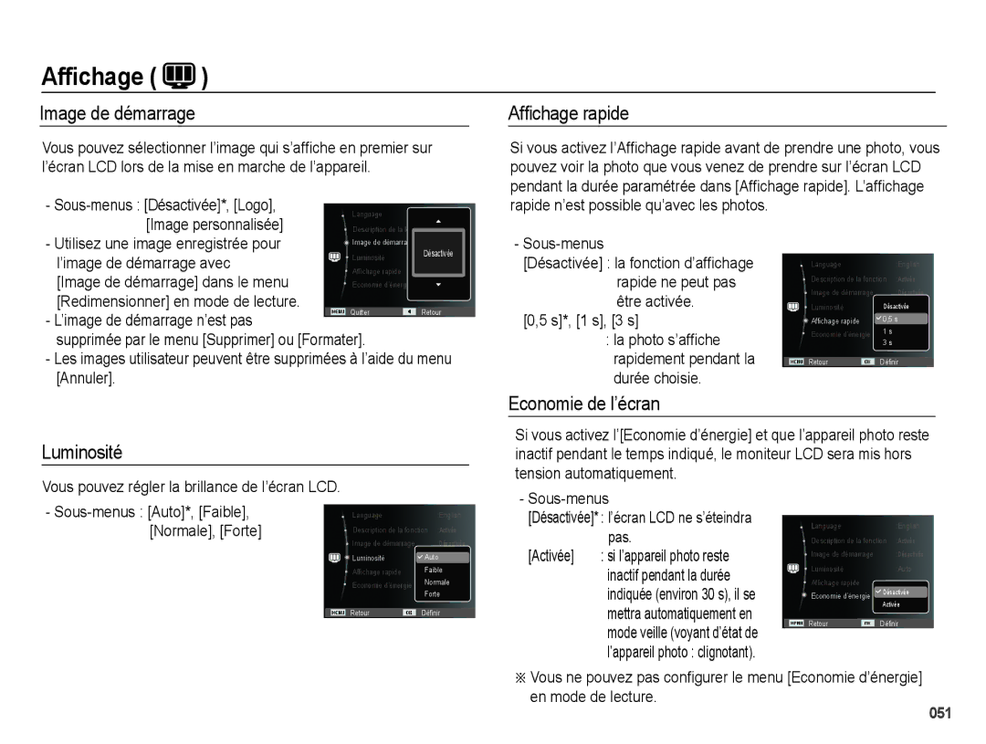 Samsung EC-PL50ZSBP/FR, EC-PL50ZPBP/FR manual Affichage, Image de démarrage, Afﬁchage rapide, Luminosité Economie de l’écran 