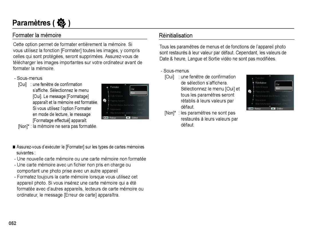 Samsung EC-PL50ZBBP/FR, EC-PL50ZPBP/FR, EC-PL50ZABP/FR, EC-PL50ZSBP/FR Paramètres, Formater la mémoire, Réinitialisation 