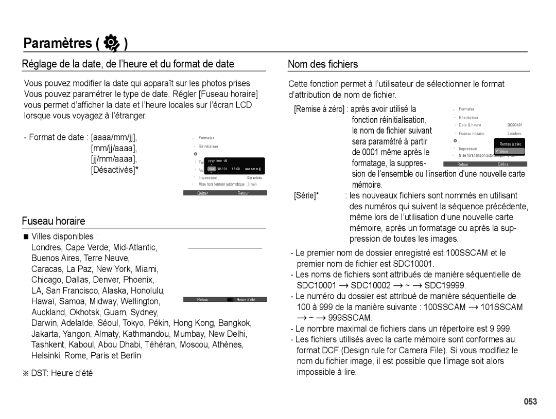 Samsung EC-PL50ZSBP/GB manual Réglage de la date, de l’heure et du format de date, Fuseau horaire, Nom des fichiers 