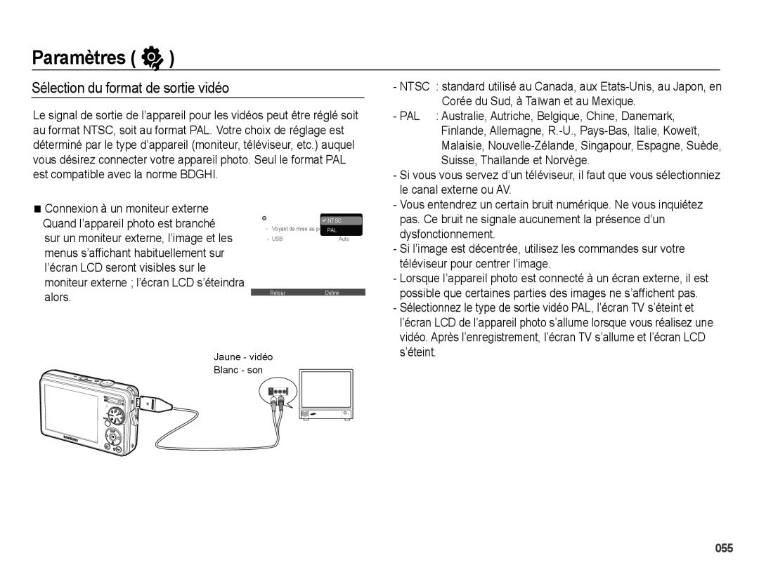 Samsung EC-PL50ZABP/FR, EC-PL50ZPBP/FR, EC-PL50ZSBP/FR, EC-PL50ZBBP/FR, EC-PL50ZSBP/GB Sélection du format de sortie vidéo 