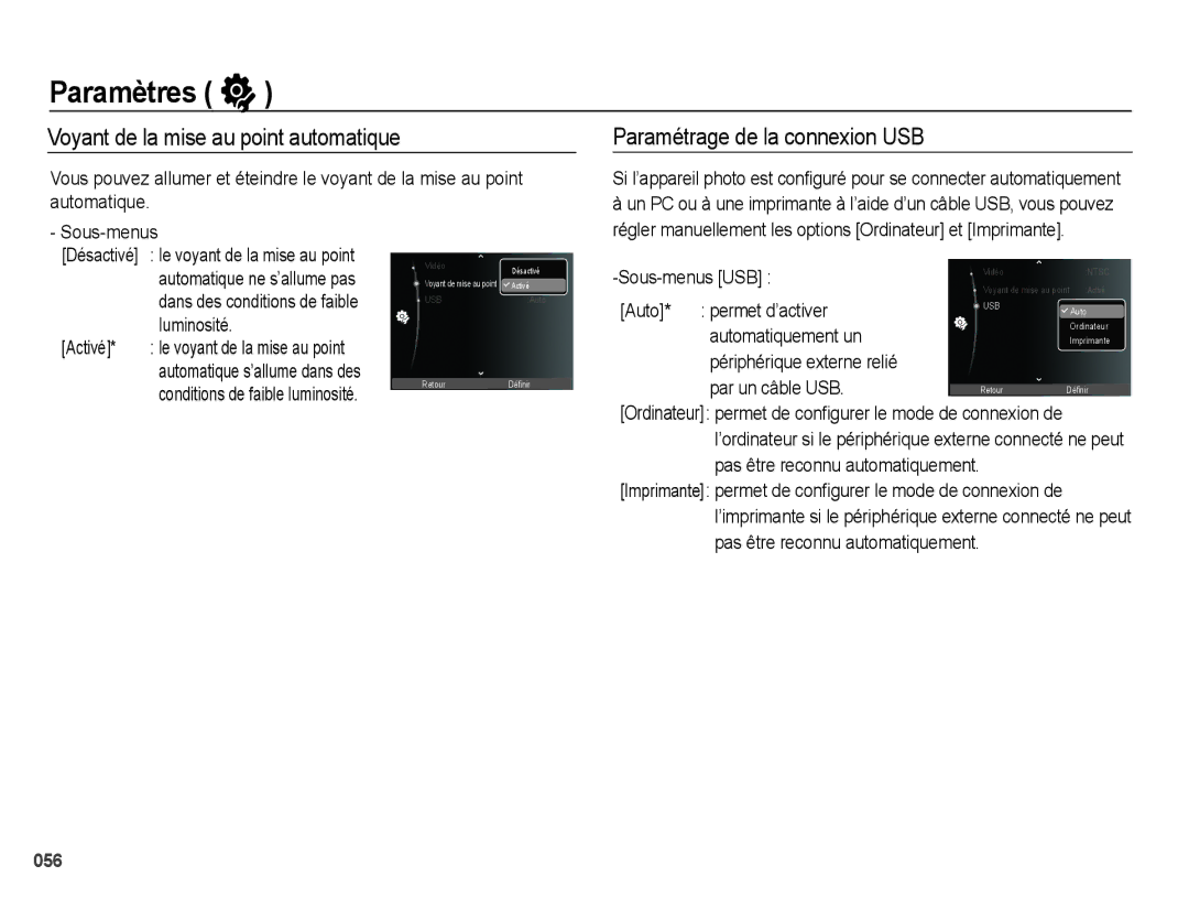 Samsung EC-PL50ZSBP/FR, EC-PL50ZPBP/FR Voyant de la mise au point automatique, Paramétrage de la connexion USB, Activé 