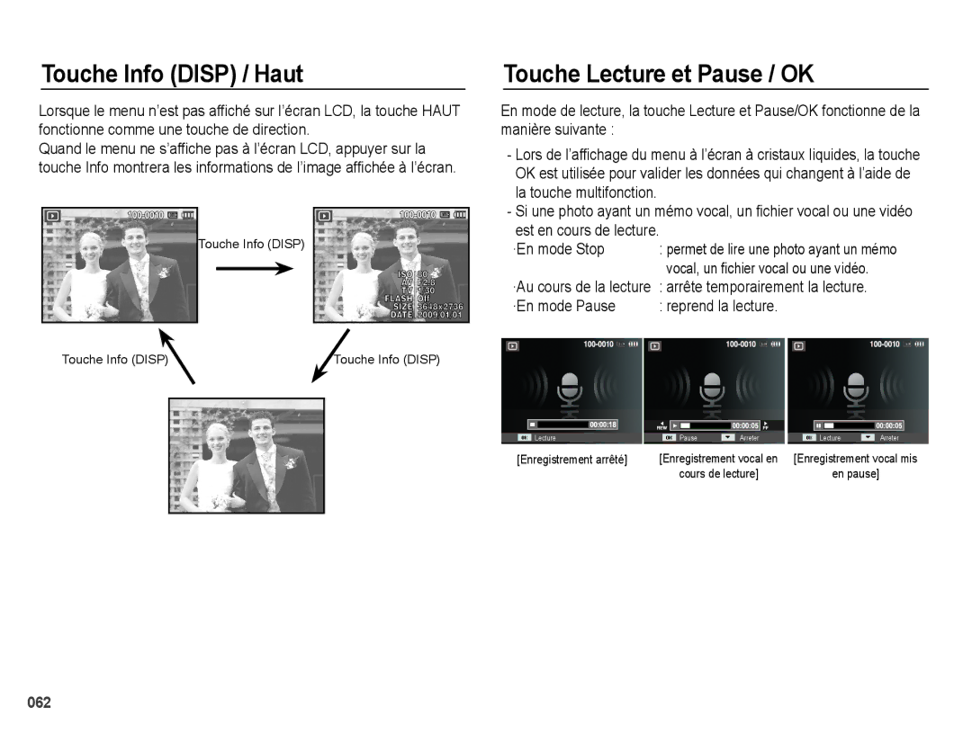 Samsung EC-PL50ZBBP/FR manual Touche Info Disp / Haut, Touche Lecture et Pause / OK, ·En mode Pause Reprend la lecture 