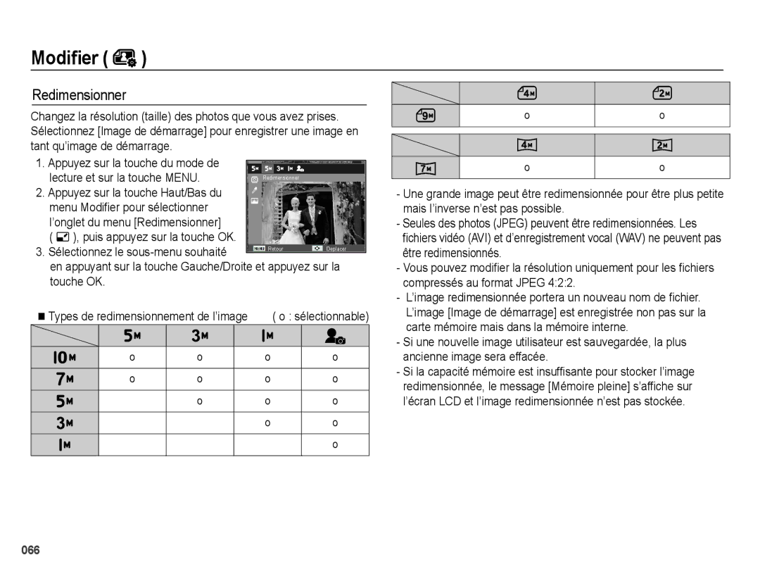 Samsung EC-PL50ZSBP/FR manual Modiﬁer, Redimensionner, Lecture et sur la touche Menu, Menu Modifier pour sélectionner 