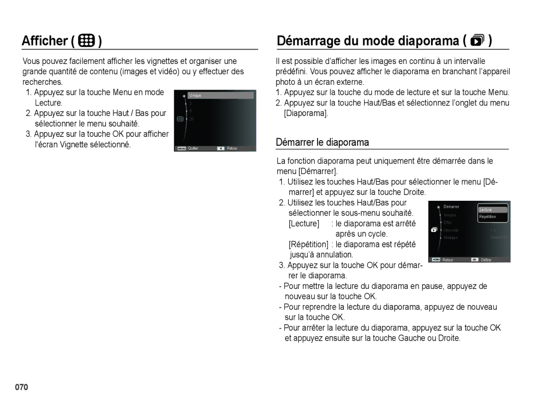 Samsung EC-PL50ZABP/FR, EC-PL50ZPBP/FR, EC-PL50ZSBP/FR manual Afﬁcher, Démarrage du mode diaporama , Démarrer le diaporama 