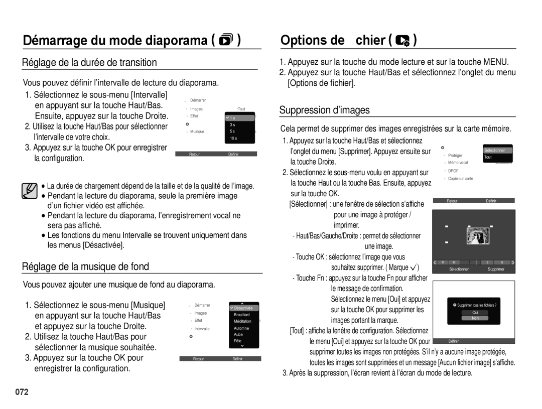 Samsung EC-PL50ZBBP/FR, EC-PL50ZPBP/FR manual Options de ﬁchier, Réglage de la durée de transition, Suppression d’images 