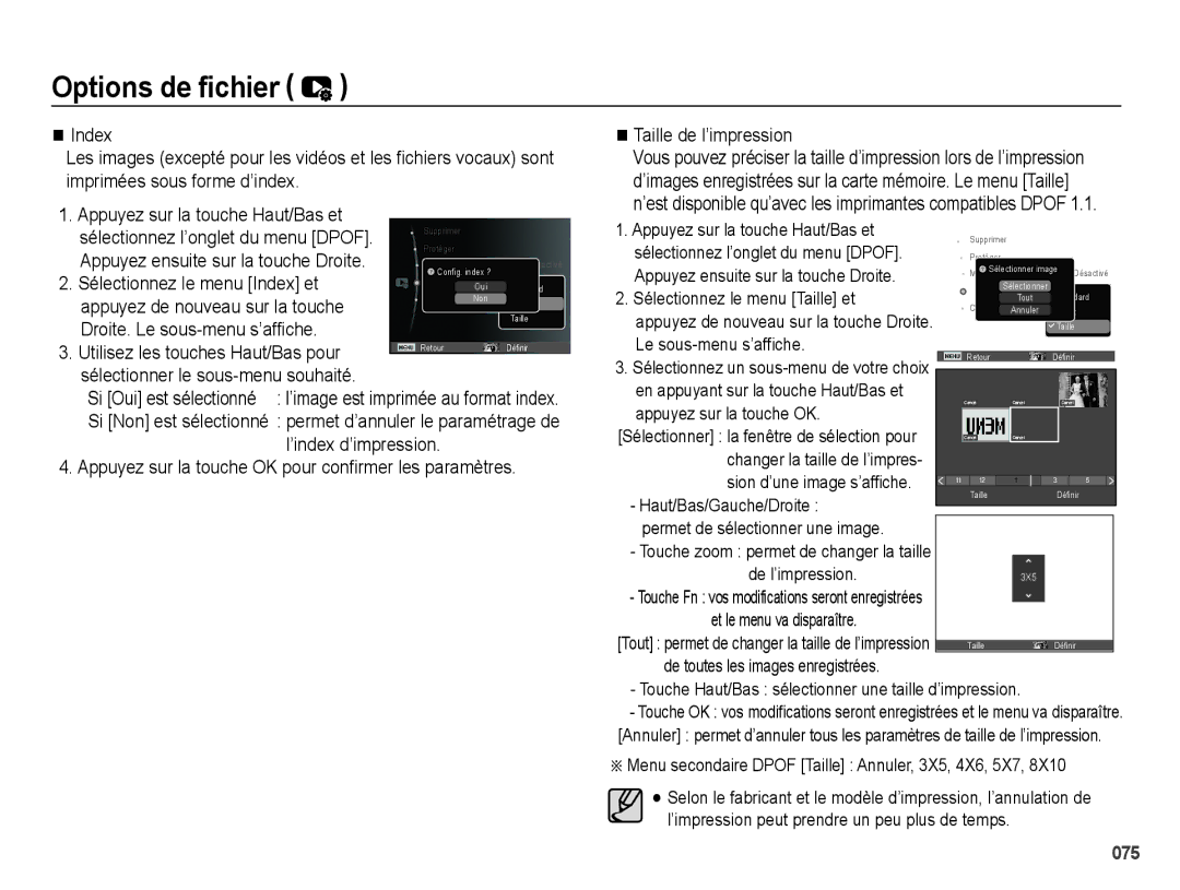 Samsung EC-PL50ZABP/FR manual Sélectionner le sous-menu souhaité, Touche Haut/Bas sélectionner une taille d’impression 