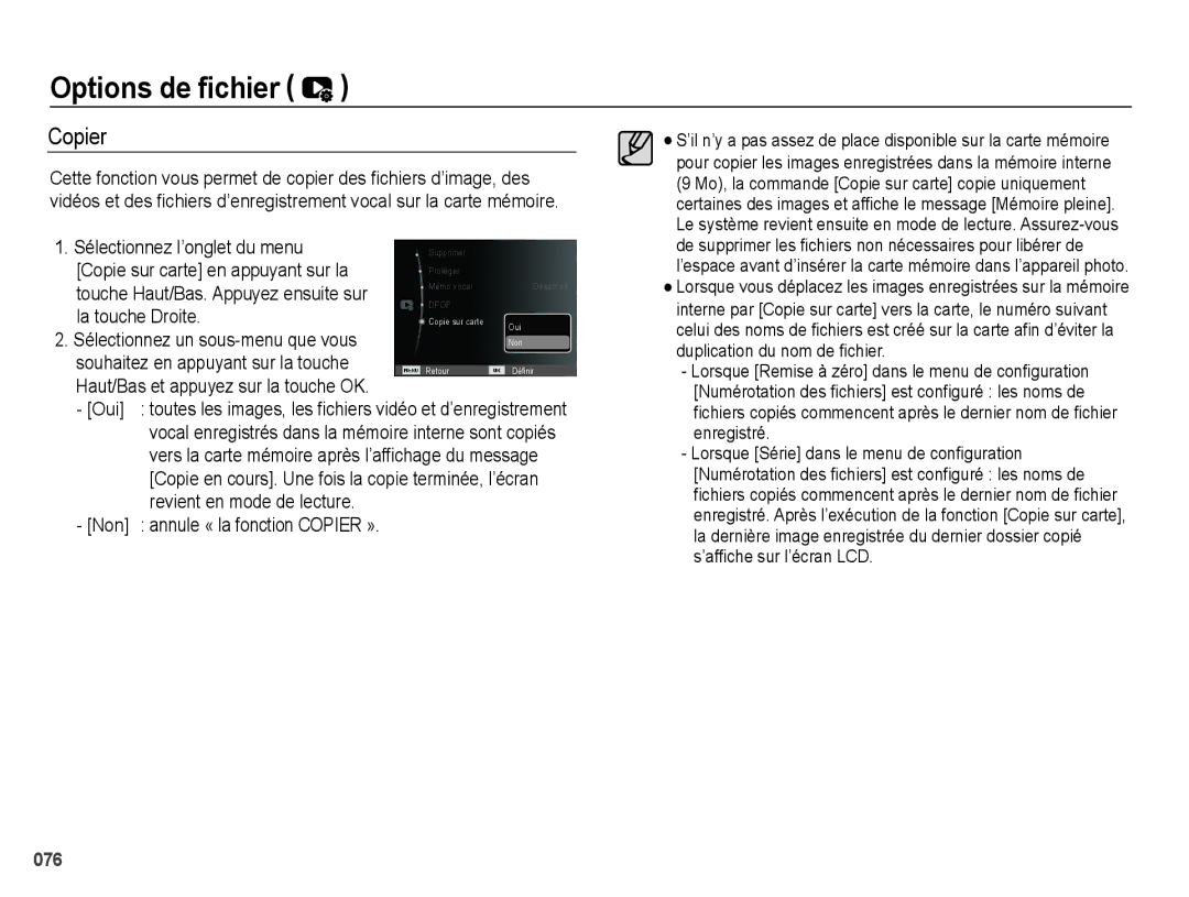 Samsung EC-PL50ZSBP/FR, EC-PL50ZPBP/FR, EC-PL50ZABP/FR Copier, Sélectionnez l’onglet du menu, La touche Droite, Oui, Non 