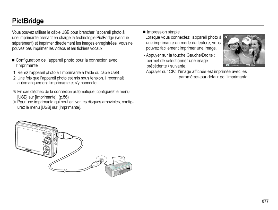 Samsung EC-PL50ZBBP/FR, EC-PL50ZPBP/FR, EC-PL50ZABP/FR, EC-PL50ZSBP/FR PictBridge, Impression simple, Précédente / suivante 