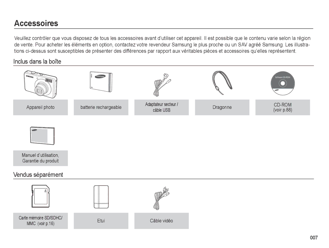 Samsung EC-PL50ZBBP/FR, EC-PL50ZPBP/FR, EC-PL50ZABP/FR, EC-PL50ZSBP/FR Accessoires, Inclus dans la boîte, Vendus séparément 