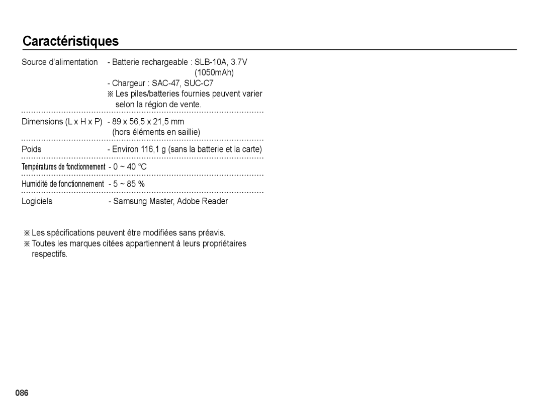 Samsung EC-PL50ZSBP/FR, EC-PL50ZPBP/FR, EC-PL50ZABP/FR 89 x 56,5 x 21,5 mm, Hors éléments en saillie, Poids, ~ 40 C, ~ 85 % 