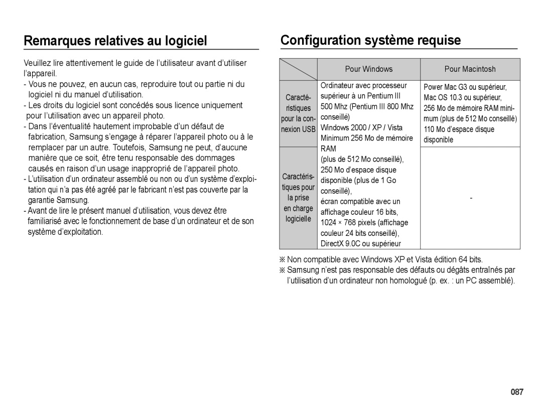 Samsung EC-PL50ZBBP/FR, EC-PL50ZPBP/FR, EC-PL50ZABP/FR manual Remarques relatives au logiciel, Conﬁguration système requise 