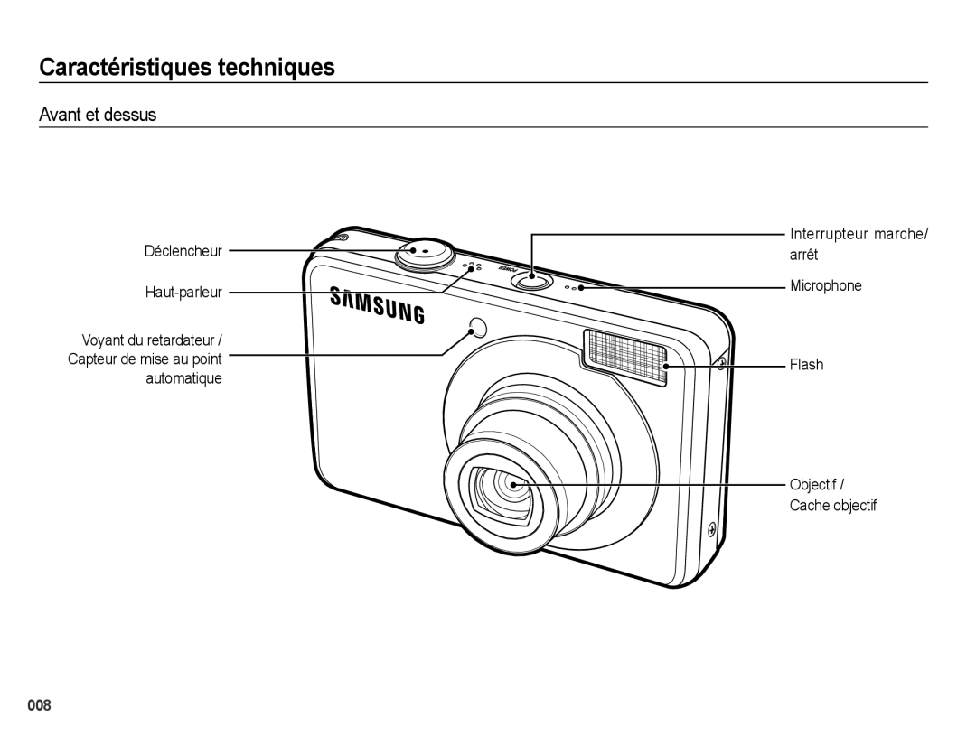 Samsung EC-PL50ZSBP/GB, EC-PL50ZPBP/FR manual Caractéristiques techniques, Avant et dessus, Déclencheur Haut-parleur 