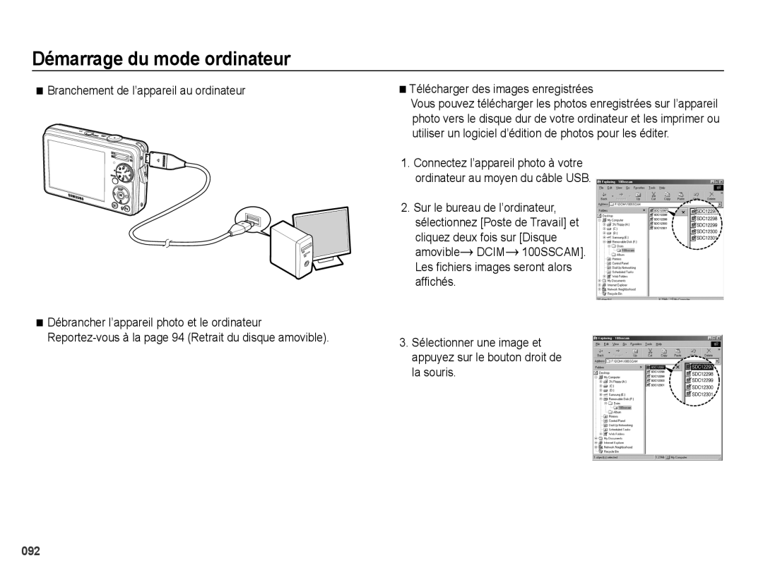 Samsung EC-PL50ZBBP/FR manual Branchement de l’appareil au ordinateur, Télécharger des images enregistrées, La souris 