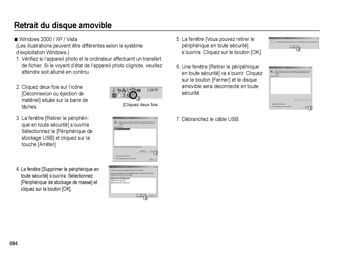 Samsung EC-PL50ZPBP/FR manual Retrait du disque amovible, Matériel située sur la barre de Tâches, Débranchez le câble USB 