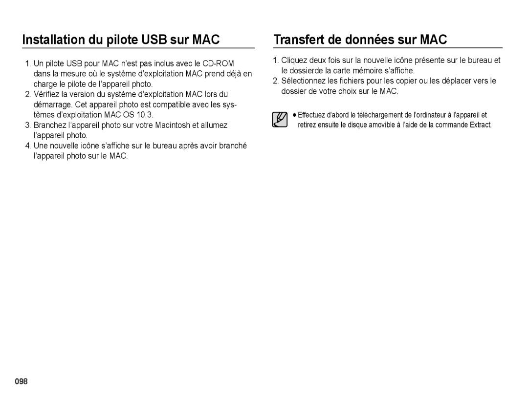 Samsung EC-PL50ZSBP/GB, EC-PL50ZPBP/FR, EC-PL50ZABP/FR Installation du pilote USB sur MAC, Transfert de données sur MAC 