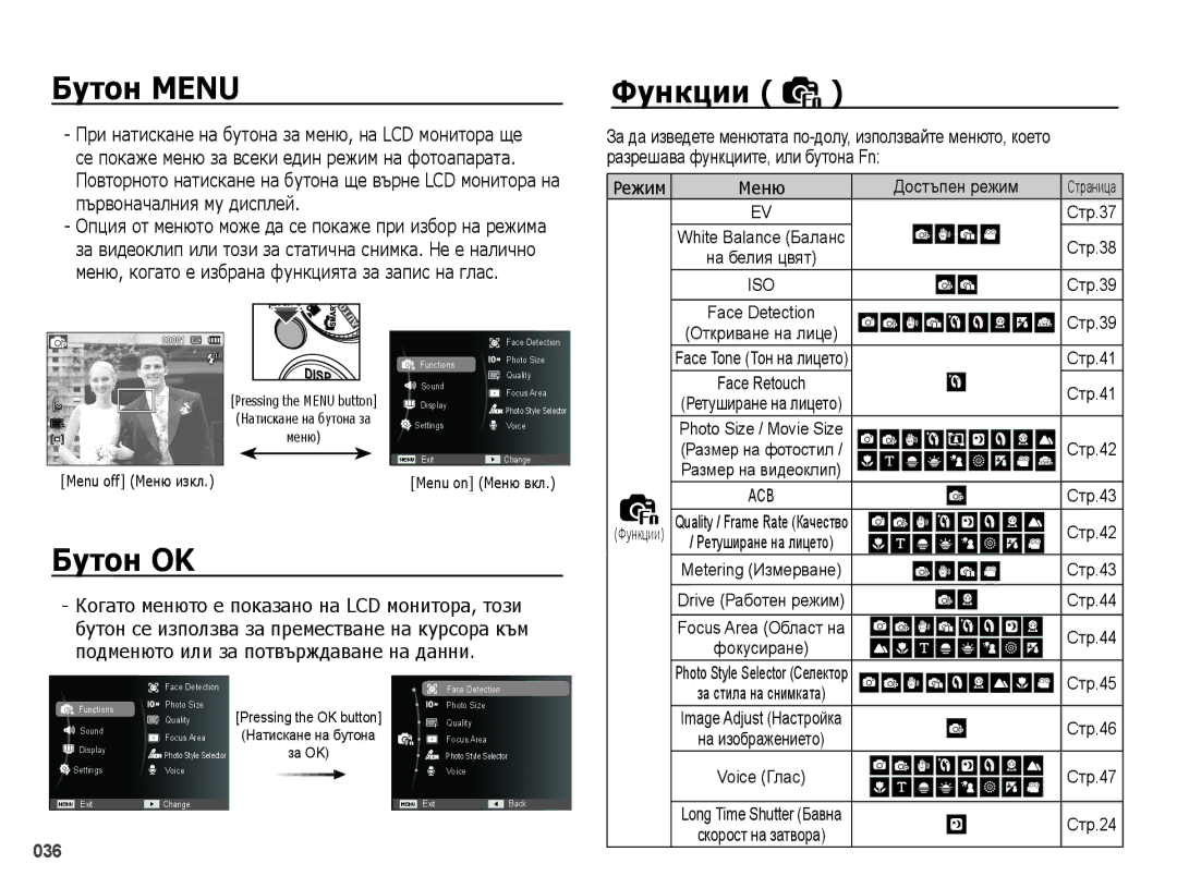 Samsung EC-PL50ZABP/E3, EC-PL50ZSBP/E3, EC-PL50ZPBP/E3 manual Бутон Menu Функции, Бутон OK, Първоначалния му дисплей 