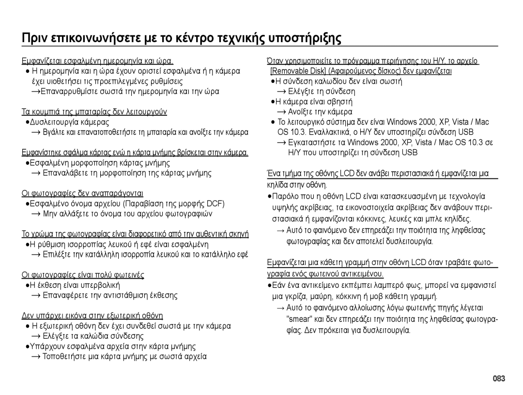 Samsung EC-PL50ZSBP/E3, EC-PL50ZPBP/E3, EC-PL50ZABP/E3 manual Κηλίδα στην οθόνη, Γραφία ενός φωτεινού αντικειμένου, 083 