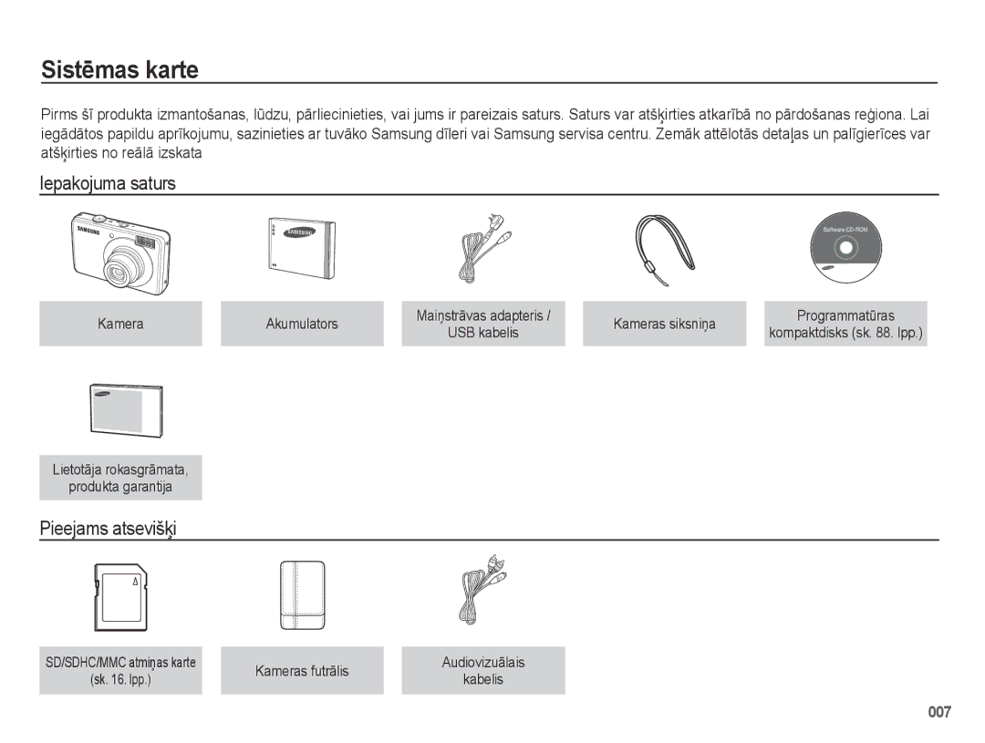 Samsung EC-PL50ZABP/RU, EC-PL50ZSBP/RU, EC-PL50ZBBP/RU manual Sistēmas karte, Iepakojuma saturs, Pieejams atsevišķi 