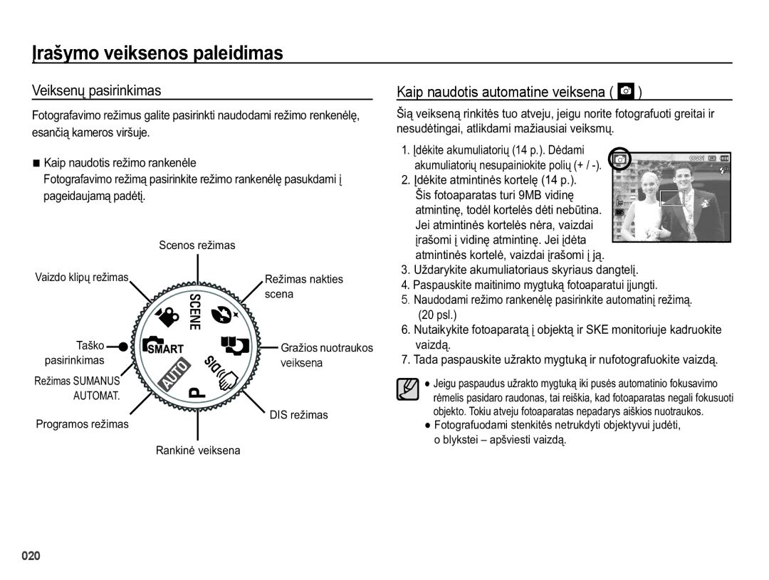 Samsung EC-PL50ZSBP/RU manual ƲUDã\PRYHLNVHQRVSDOHLGLPDV, 9HLNVHQǐSDVLULQNLPDV, Kaip naudotis automatine veiksena 