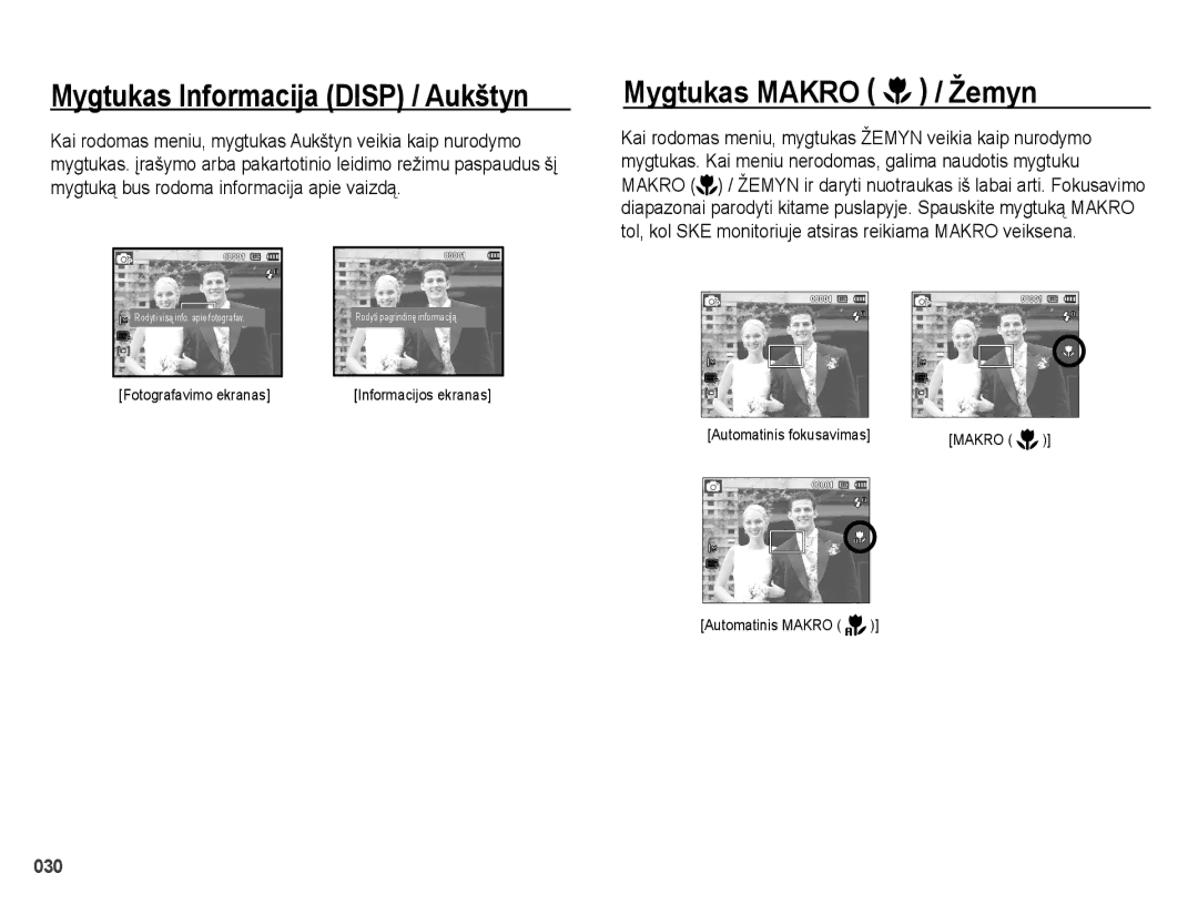 Samsung EC-PL50ZBBP/RU, EC-PL50ZSBP/RU, EC-PL50ZABP/RU manual Mygtukas Informacija Disp / Aukštyn, Mygtukas Makro / Žemyn 