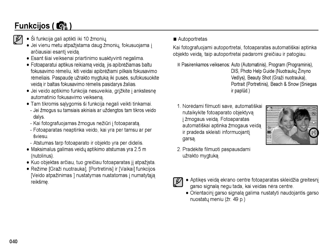 Samsung EC-PL50ZABP/RU, EC-PL50ZSBP/RU, EC-PL50ZBBP/RU manual Tam tikromis sąlygomis ši funkcija negali veikti tinkamai 