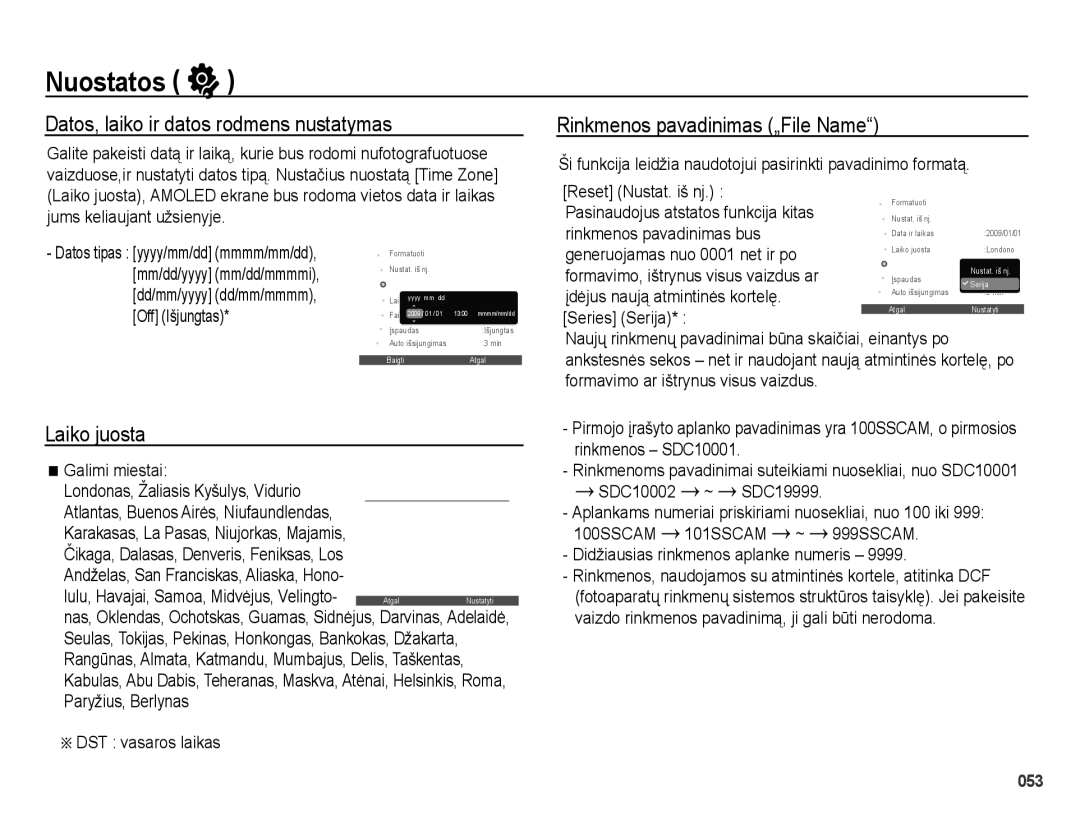 Samsung EC-PL50ZSBP/RU Nuostatos, Datos, laiko ir datos rodmens nustatymas, Laiko juosta, Rinkmenos pavadinimas „File Name 