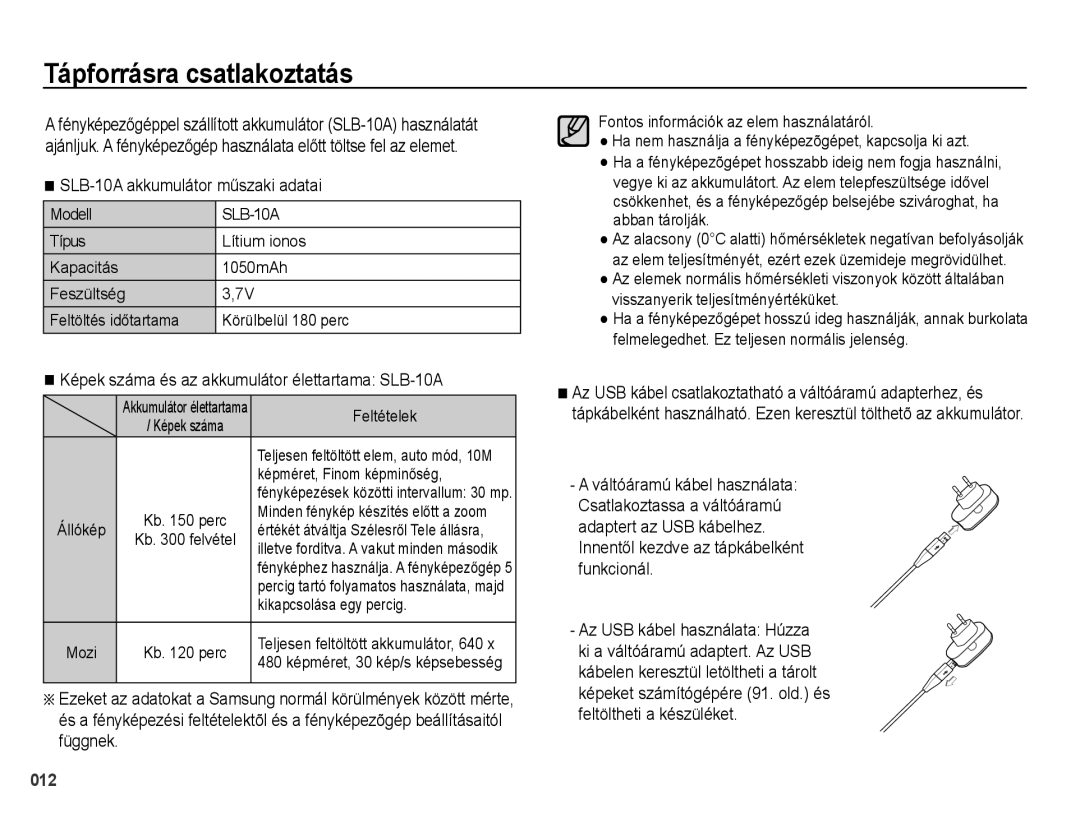 Samsung EC-PL51ZZBPBIT, EC-PL51ZZBPAE1, EC-PL51ZZBPNE1 manual Tápforrásra csatlakoztatás, SLB-10A akkumulátor műszaki adatai 