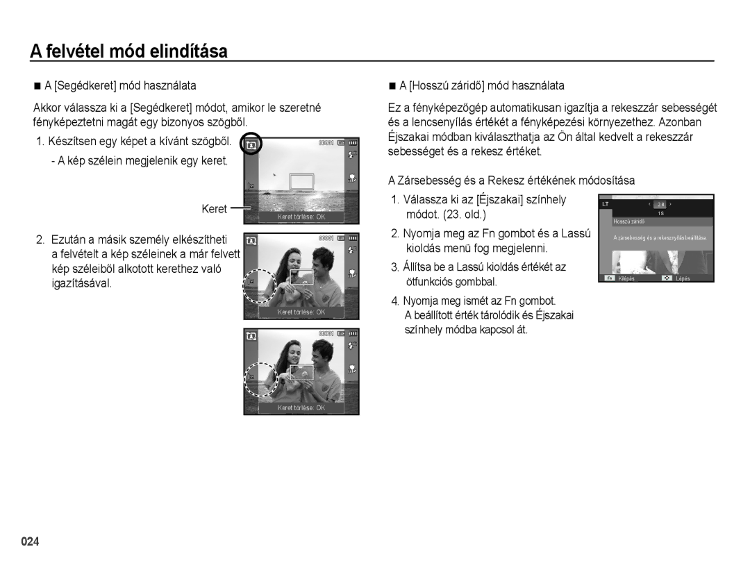 Samsung EC-PL51ZZBPBE3, EC-PL51ZZBPAE1 manual Segédkeret mód használata, Keret, Állítsa be a Lassú kioldás értékét az 