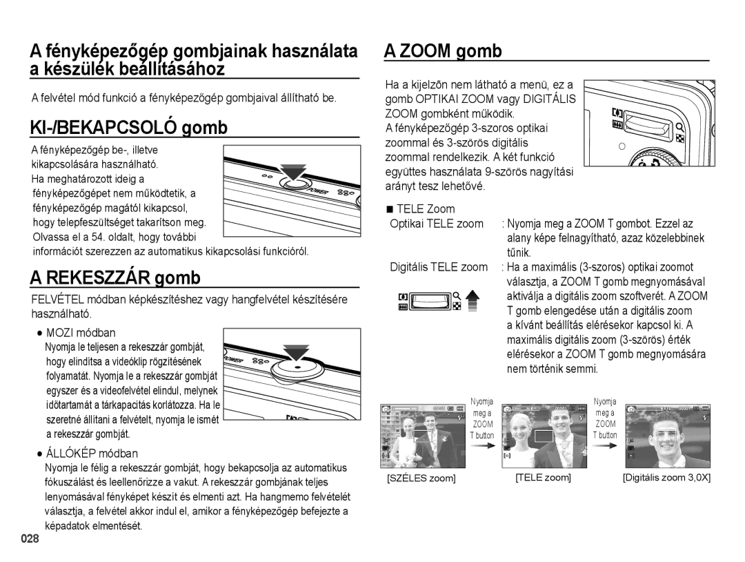 Samsung EC-PL51ZZBPAE2, EC-PL51ZZBPAE1 manual Zoom gomb Készülék beállításához, KI-/BEKAPCSOLÓ gomb, Rekeszzár gomb 