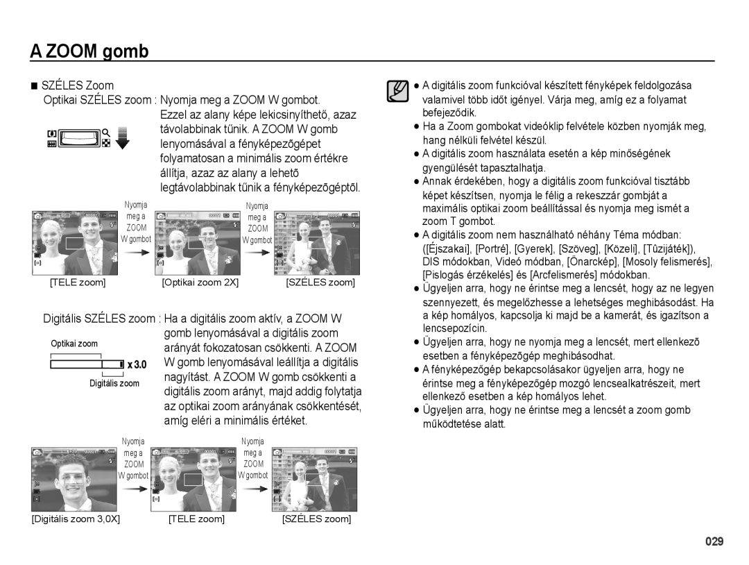 Samsung EC-PL51ZZBPAE1, EC-PL51ZZBPNE1 manual Zoom gomb, Amíg eléri a minimális értéket, Gomb lenyomásával a digitális zoom 