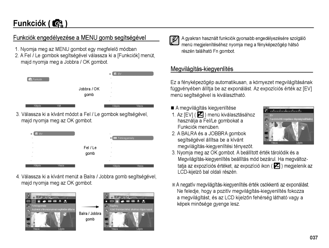 Samsung EC-PL51ZZBPRE2, EC-PL51ZZBPAE1 manual Funkciók engedélyezése a Menu gomb segítségével, Megvilágítás-kiegyenlítés 